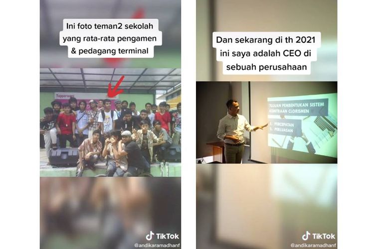 Tangkapan layar video TikTok dari Andika Ramadhan Febriansyah yang mengisahkan perjuangannya semasa bersekolah dari SMA hingga kini sukses menjadi CEO sebuah perusahaan.