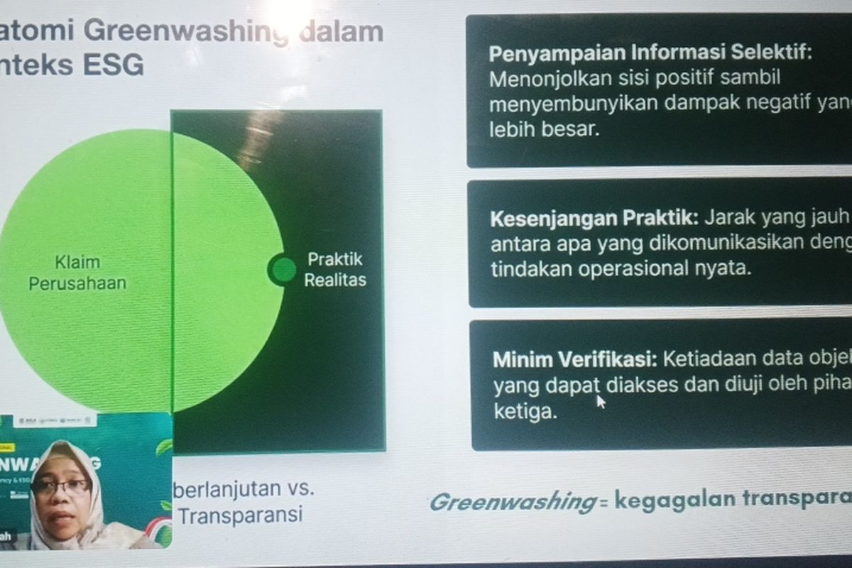 Dosen Universitas Teknologi Bandung, Erni Nurjanah saat menjelaskan betapa kompleksnya dampak greenwashing di era digital dalam webinar Greenwashing; Digital Transparency &ESG Data Importance, Selasa (31/4/2026).