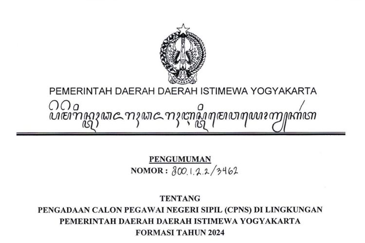 Pengumuman pendaftaran dan formasi CPNS 2024 di lingkungan Pemerintah Daerah DI Yogyakarta (Pemda DIY).
