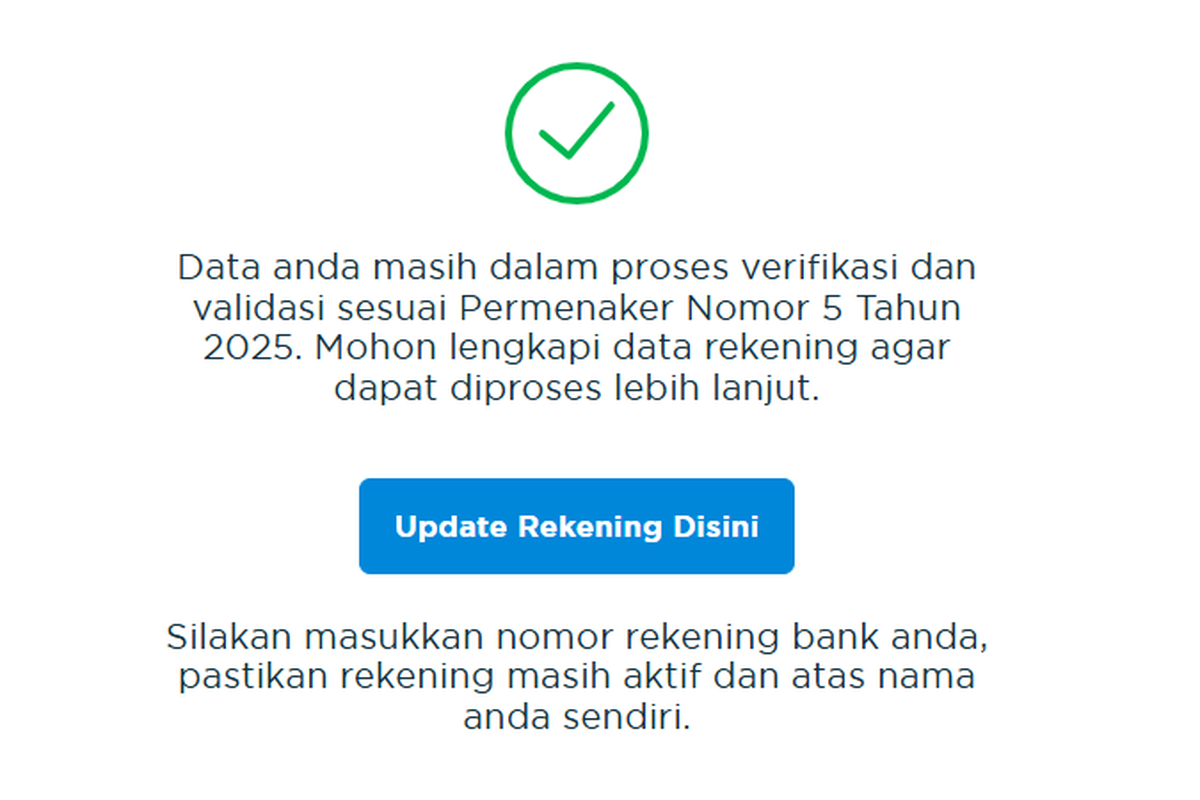 Tangkapan layar calon penerima BSU wajib melakukan update rekening agar dana BSU Rp 600.000 bisa cair dengan lancar.