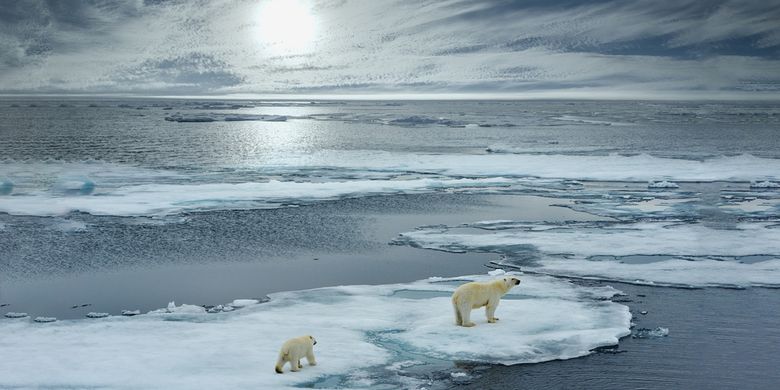 Ilustrasi pemanasan global. Es di arktik mencair.