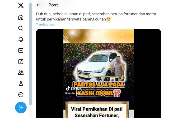 Tangkapan layar seserahan Fortuner di Pati ternyata barang curian.