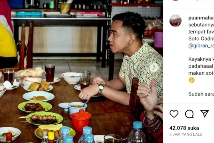 Tangkap layar akun Instagram Dewan Pimpinan Pusat (DPP) Partai Demokrasi Indonesia Pejuangan (PDI-P) Puan Maharani saat menunjukkan keakrabannya makan soto dengan Wali Kota Solo Gibran Rakabuming Raka, yang diunggah pada Minggu (3/8/2023).