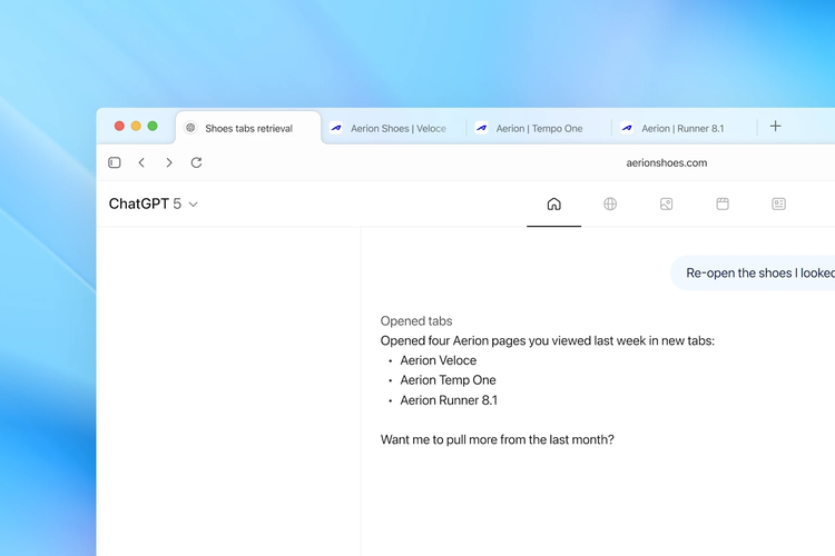 Tampilan tab dan fitur memories di ChatGPT Atlas