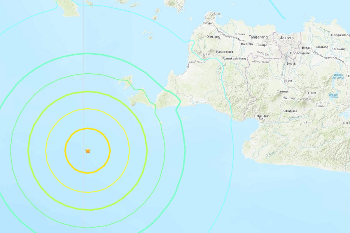 Peta lokasi gempa di wilayah Banten, Jumat (2/8/2019) malam.