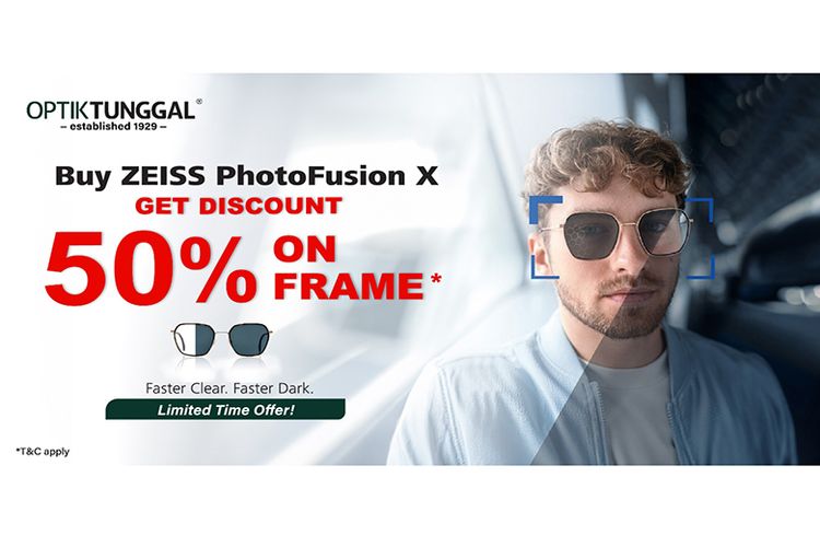 Konsumen bisa mendapatkan diskon sebesar 50 persen untuk pembelian frame yang disertai dengan pembelian lensa ZEISS PhotoFusion X di Optik Tunggal atau ZEISS Vision Center. 