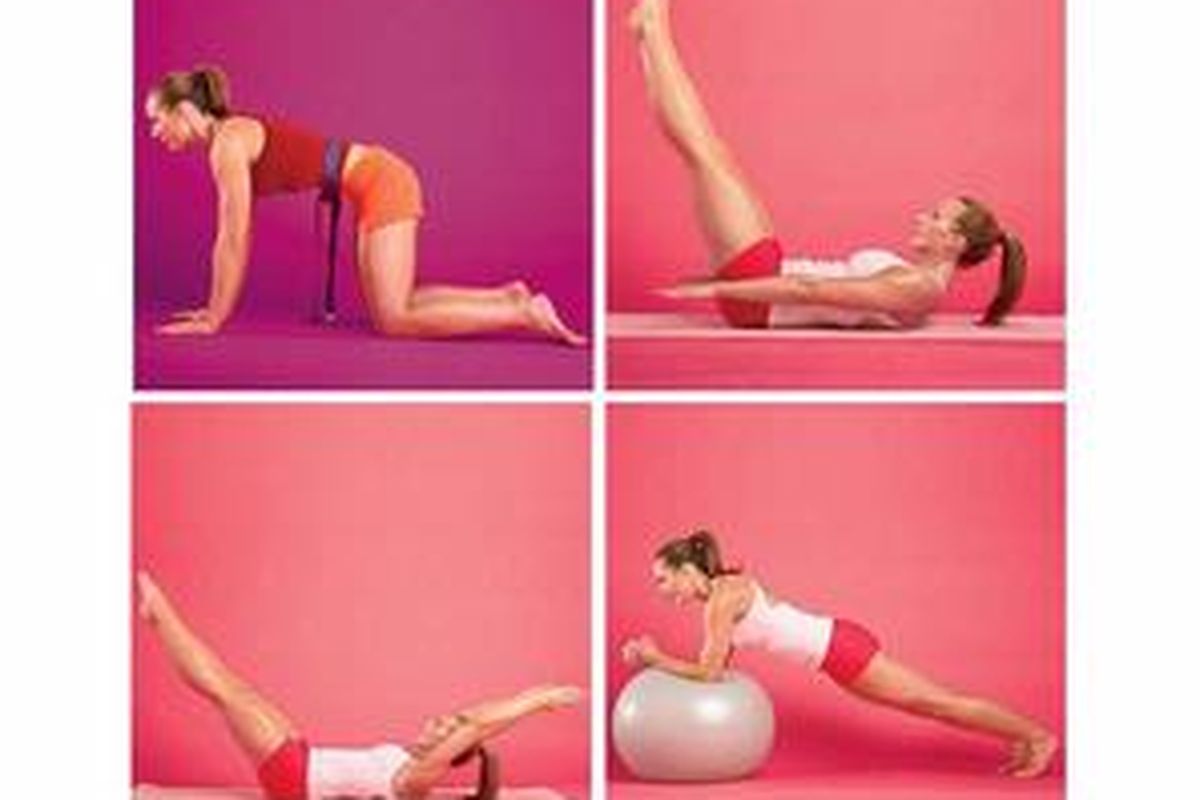 Gerakan 1, dari kiri atas searah jarum jam: Ab Vacuum, Core Pulse, Elevated Plank, dan Double Reach.