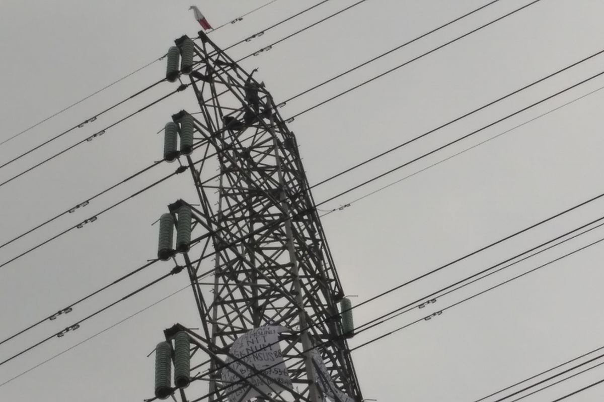 Agustinus memanjat sutet di daerah Tanjung Priuk, Jakarta Utara, Selasa (15/8/2017).