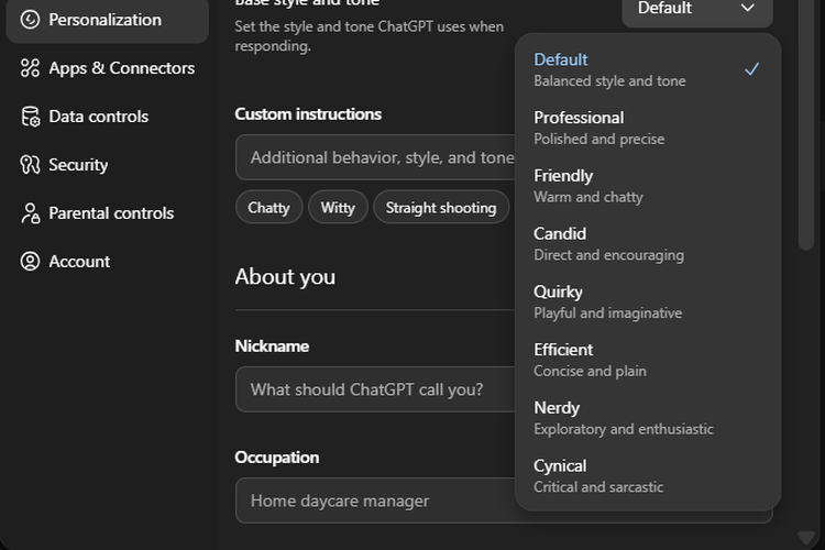 Ilustrasi menu gaya bicara ChatGPT di Personalization.