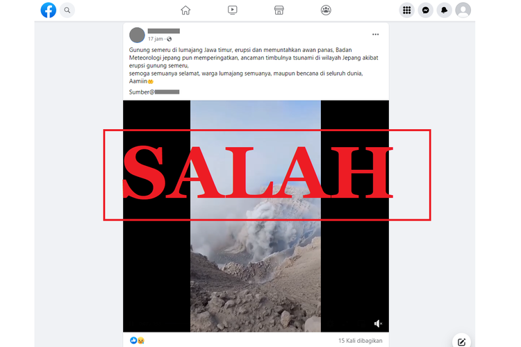 Tangkapan layar unggahan dengan narasi keliru di sebuah akun Facebook, Minggu (4/11/2022), mengenai peringatan tsunami di Jepang yang berkaitan dengan erupsi Semeru.