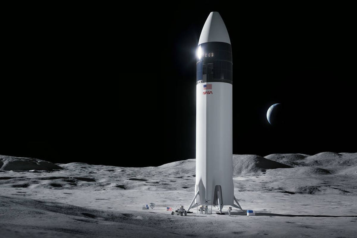 Ilustrasi desain wahana pendarat manusia SpaceX Starship yang akan membawa astronot NASA ke permukaan Bulan di bawah program Artemis. 