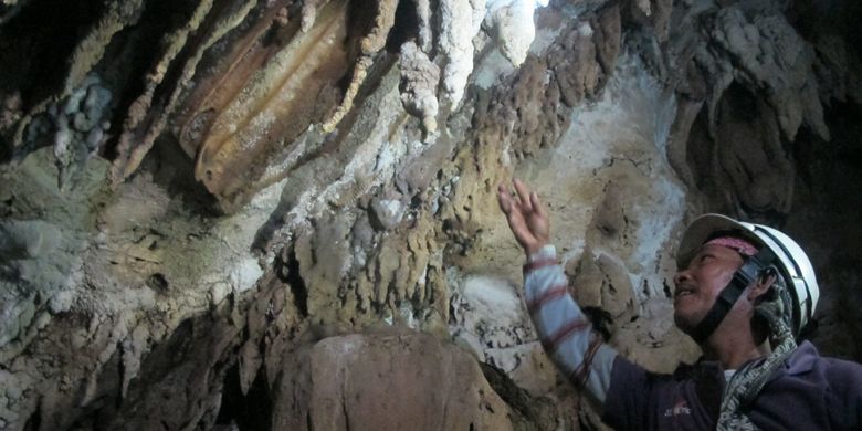 Pengelola menunjukkan stalaktit aktif di dalam Goa Cokro, Dusun Blimbing, Desa Umbulrejo, Kecamatan Ponjong, Kabupaten Gunungkidul, DI Yogyakarta.