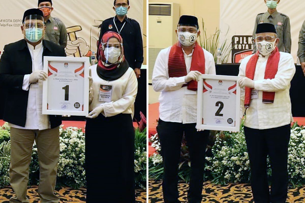 Dua pasang kandidat di Pilkada Depok 2020, Mohammad Idris-Imam Budi Hartono (kanan) dan Pradi Supriatna-Afifah Alia usai pengundian dan penetapan nomor urut di Aula Raffles Hills, Depok, Kamis (24/9/2020) pagi.