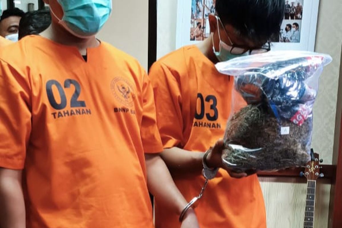 Kedua tersangka masing-masing berinisial DS dan KBS saat menunjukan barang bukti paket ganja di Kantor BNNP Bali, Jalan Kamboja, Denpasar, Bali pada Selasa (31/5/2022). Kompas.com/ Yohanes Valdi Seriang Ginta