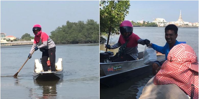 Pengendara Foodpanda rela mengantararkan pesanan makanan kepada pelanggan meski harus menyeberangi sungai dengan perahu kecil di Sungai Bang Pakong di Chachoengsao, Thailand.