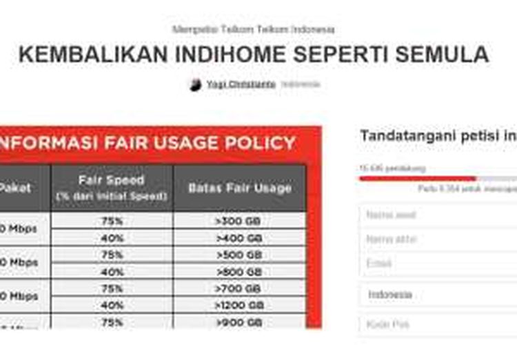 Screenshot petisi untuk Telkom di laman web Change.org