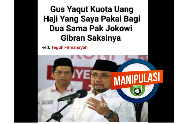 Tangkapan layar Facebook narasi yang mengeklaim Yaqut Cholil Qoumas menyebut uang kuota haji yang ia pakai dibagi dengan Jokowi