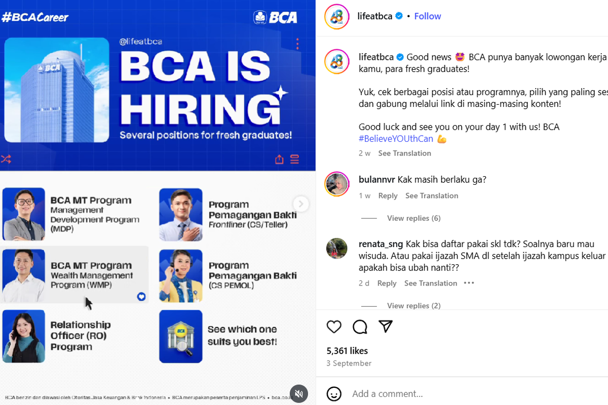 PT Bank Central Asia Tbk (BCA) kembali membuka lowongan pekerjaan bagi lulusan SMA/SMK hingga S1 dan S2.