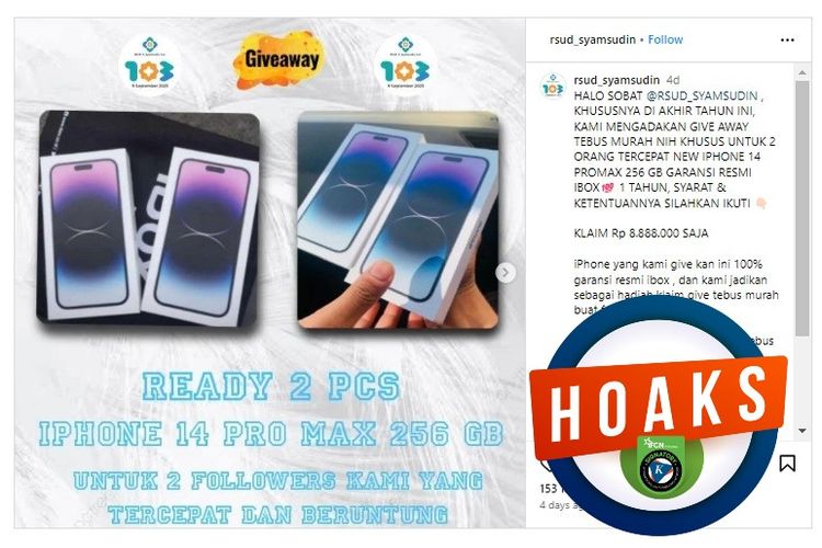 Unggahan di akun Instagram RSUD R. Syamsudin, S.H  yang menawarkan promo tebus murah iPhone 14 Pro Max 256GB