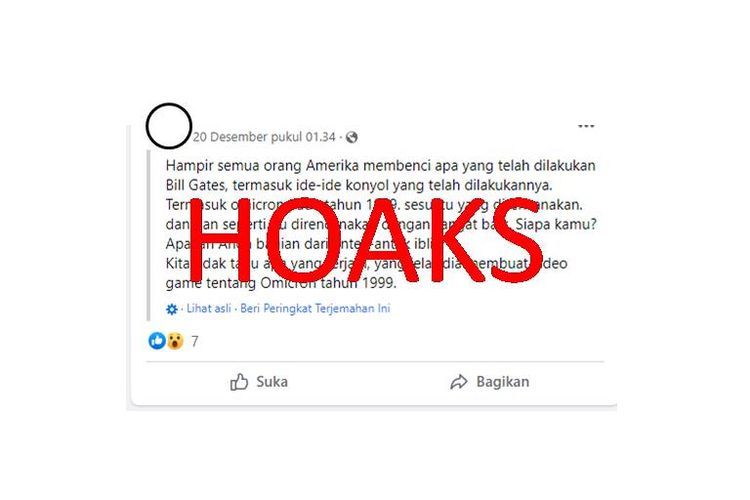 Tangkapan layar unggahan Facebook tentang hoaks game Omikron 1999 buatan Bill Gates