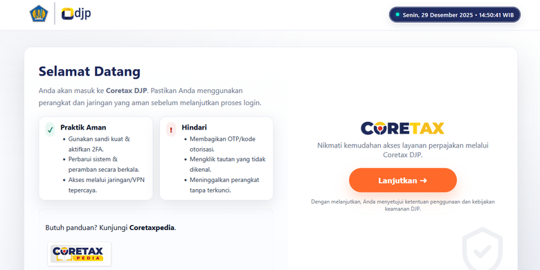 Tangkapan layar laman Coretax Direktorat Jenderal Pajak. DJP Pajak. DJP Online. Cara aktivasi akun Coretax. Cara aktivasi akun Coretax pribadi.