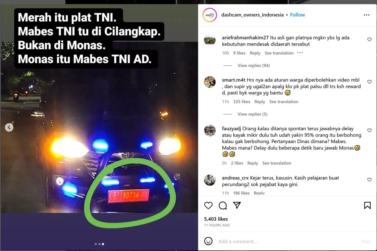 Video mobil lawan arah memakai pelat dinas TNI viral di media sosial. 