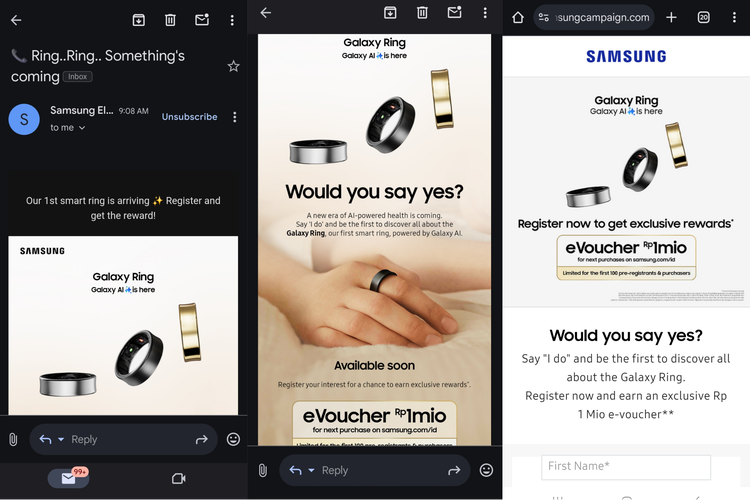 Tangkapan layar email promosi Samsung Galaxy Ring. Samsung resmi membuka pra-pendaftaran untuk peminat cincin pintar Galaxy Ring di Indonesia per hari ini, Senin (28/10/2024) hingga 10 November mendatang. 
