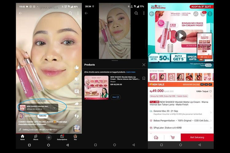 Tampilan YouTube Shopping dalam video Shorts di aplikasi YouTube