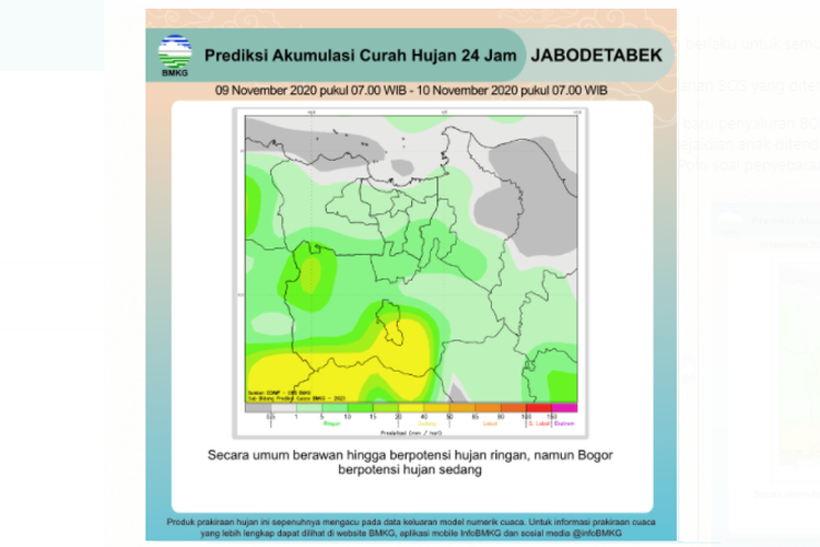 Tangkapan layar prediksi akumulasi curah hujan 24 jam Jabodetabek.