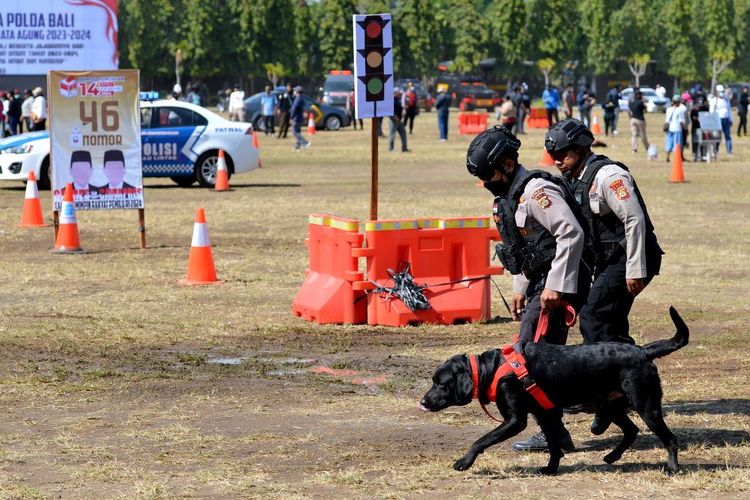 Polisi dengan anjing K9 melakukan penyisiran lokasi serangan terorisme saat latihan Sistem Pengamanan Kota (Sispamkota) di Denpasar, Bali, Senin (2/10/2023). Kegiatan tersebut diselenggarakan jajaran Polda Bali untuk meningkatkan kemampuan dan kesiapsiagaan personel dalam mengantisipasi gangguan kamtibmas selama rangkaian proses pelaksanaan Pemilu 2024. ANTARA FOTO/Fikri Yusuf/rwa.