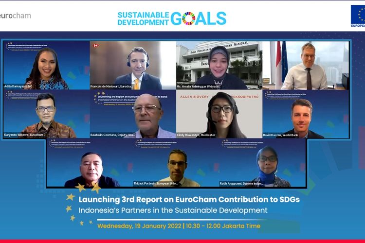 Tangkapan layar peluncuran laporan berjudul Kontribusi EuroCham terhadap Tujuan Pembangunan Berkelanjutan (SDGs) ? Mitra Indonesia dalam Pembangunan Berkelanjutan oleh Kamar Dagang dan Bisnis Eropa di Indonesia (EuroCham) pada Rabu (19/1/2022). 