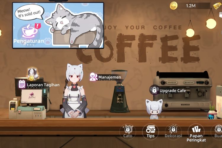 Tampilan kafe di game Cat Fantasy.