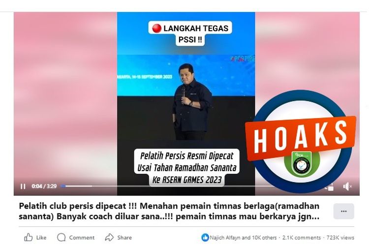 Tangkapan layar Facebook narasi yang menyebut pelatih Persis Solo dipecat karena tidak melepas Ramadhan Sananta ke Asian Games