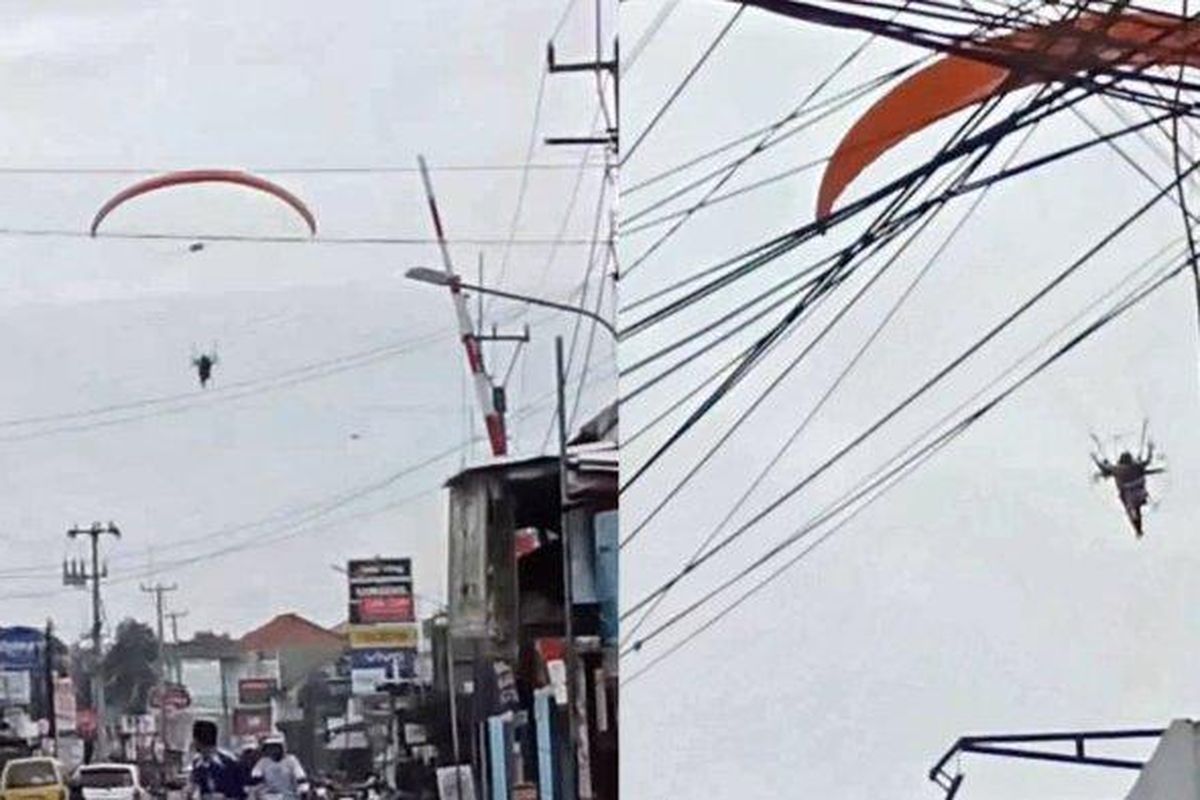 Tangkapan layar menunjukkan atlet paralayang saat terbang di langit di wilayah Kecamatan Haurgeulis, Indramayu, Jawa Barat, Rabu (2/4/2025). 
