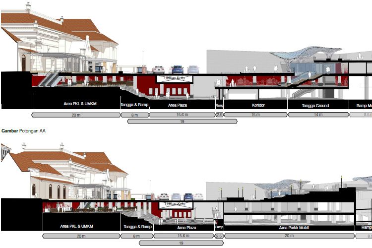 Desain basement Alun-alun Surabaya terletak di permukaan tanah dan di bawah Jalan Pemuda Nomor 17, di bawah Jalan Yos Sudarso, serta basement Balai Pemuda.