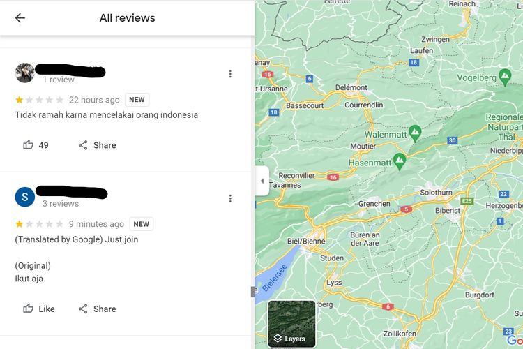 Tangkapan layar dari laman ulasan Sungai Aare Swiss di Google Maps yang dipenuhi bintang 1 dan komentar buruk dari netizen Indonesia karena anak Ridwan Kamil, Emmeril Kahn Mumtadz (23), hilang terseret arus pada Kamis (26/5/2022).