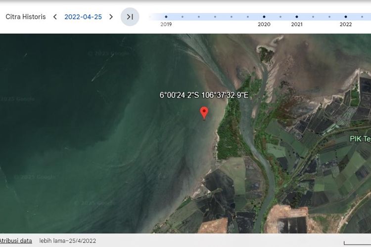 Tampilan lokasi salah satu bidang HGB di area pagar laut Tangerang, tepatnya Desa Kohod, Kecamatan Pakuhaji, pada tahun 2022 berdasarkan citra satelit Google Earth.