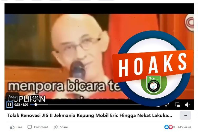 Tangkapan layar Facebook video yang mengeklaim The Jakmania mengepung mobil Erick Thohir dan menlokan renovasi JIS
