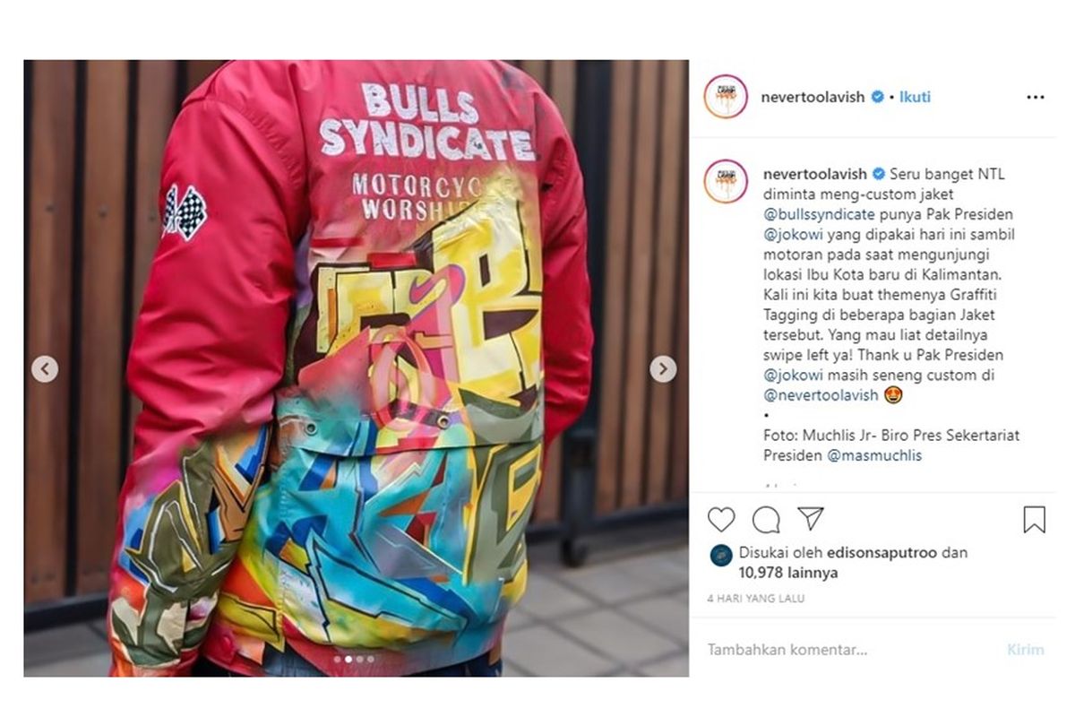 Tangkapan layar desain jaket bertema Graffity Tagging yang dilukis manual oleh Never Too Lavish dipakai Jokowi dalam kunjungan ke Kalimantan pada Jumat (20/12/2019).