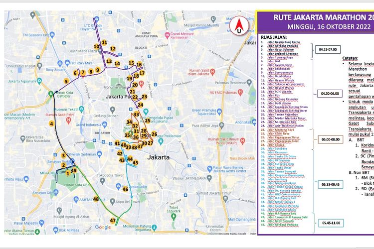 Rute Jakarta Maraton 2022 yang akan melintas di 49 ruas jalan baik di Jakarta Pusat, Jakarta Barat dan Jakarta Selatan, pada Minggu (16/10/2022).