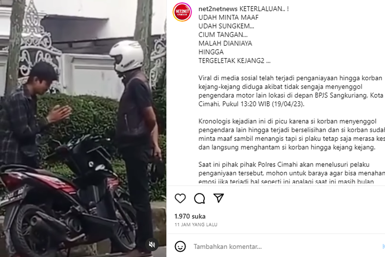 Tangkapan layar unggahan video yang memperlihatkan perselisihan antarpengendara sepeda motor di Cimahi, Jawa Barat. 