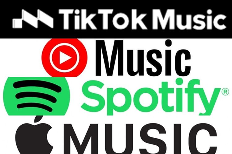 Perbandingan aplikasi TikTok Music, YouTube Music, Spotify, dan Apple Music.
