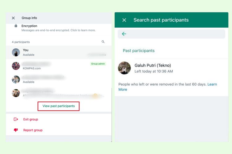 Jejak anggota yang meninggalkan grup masih bisa dilihat di menu view past participants.