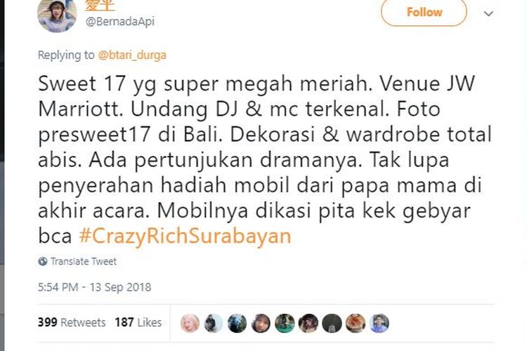 Salah satu twit tentang tagar Crazy Rich Surabayan di Twitter, Jumat (14/9/2018).