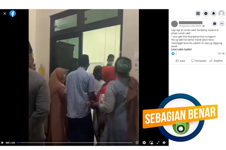 Tangkapan layar unggahan dengan narasi sebagian benar di sebuah akun Facebook, Sabtu (26/8/2023), soal video pasien meninggal di kamar mandi RSUD Sampang.