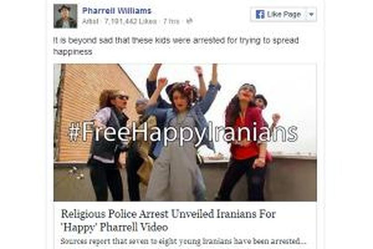 Dukungan yang diberikan oleh artis Pharell Williams melalui akun Twitter resminya, atas penahanan enam warga Iran karena mengedarkan video joget di YouTube tanpa mengenakan hijab.