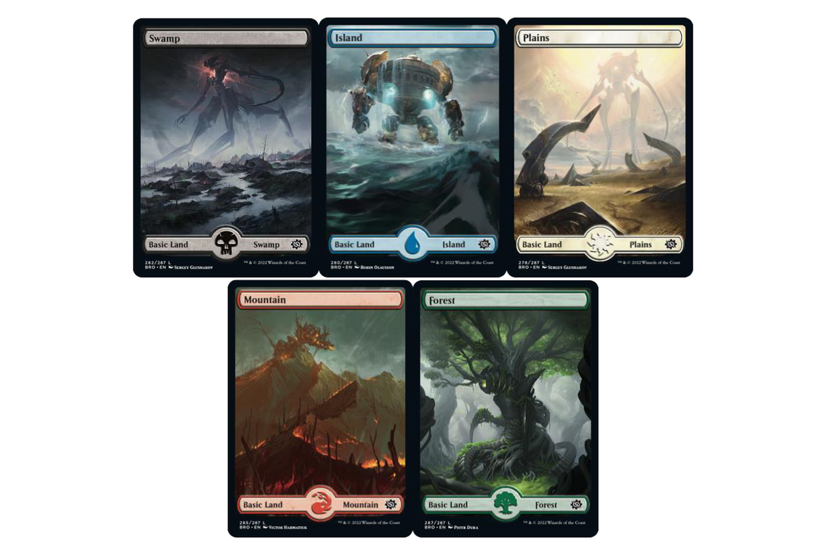 10 basic lands dalam The Brothers? War, set terbaru dari Magic: The Gathering,menyampaikan kisah mereka masing-masing, menampilkan lokasi pertarungan, dan robot raksasa yang bertempur di bawah Urza dan Mishra.