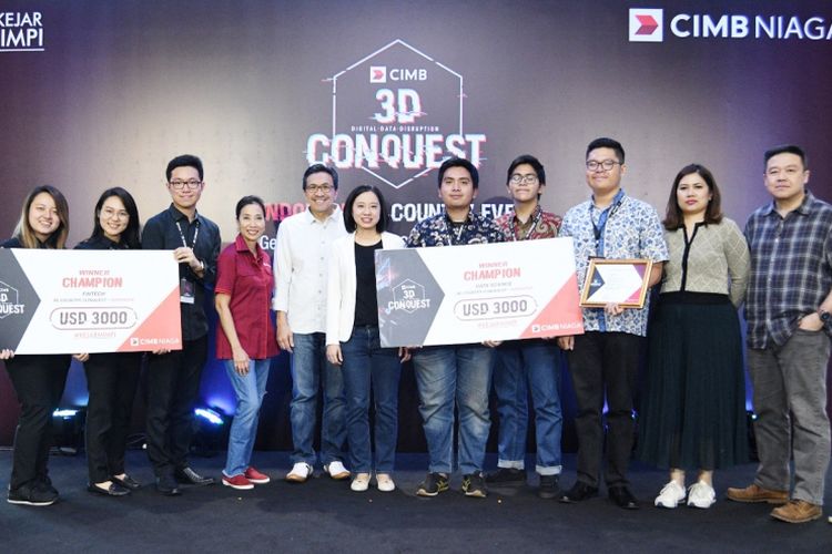 CIMB Niaga mengumumkan 10 tim terbaik kejuaraan CIMB 3D Conquest In Country Hackathon ? Indonesia untuk kategori Data Science dan Financial Technology (FinTech) di Jakarta, Jumat-Sabtu (7-8/12/2018).