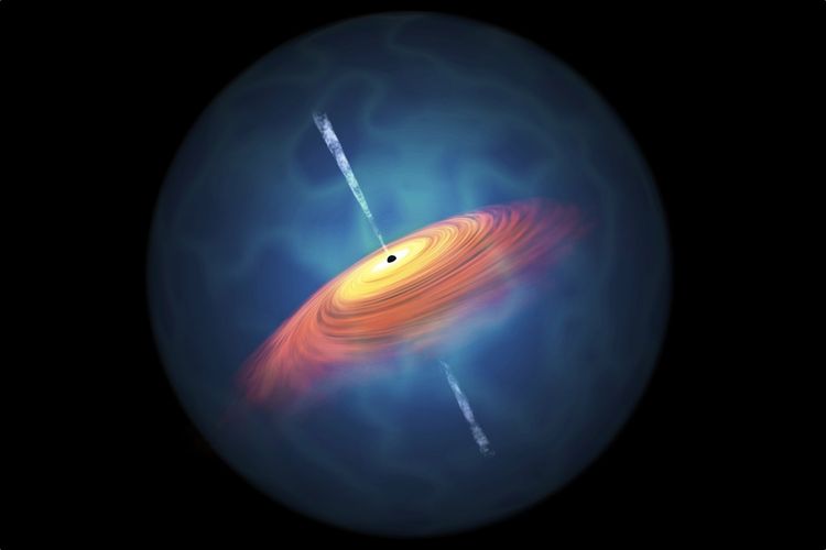 Ilustrasi quasar melingkupi lubang hitam supermasif.