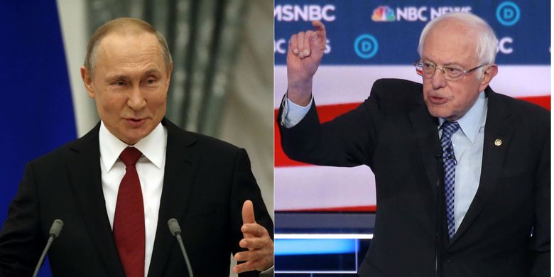 Presiden Rusia Vladimir Putin (kiri) dan Senator Vermont sekaligus bakal calon presiden Partai Demokrat, Bernie Sanders.